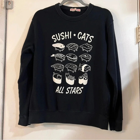 Rustic Charm Japanese Crew Neck Sweater Black Novelty Print Sushi Funny Food Cat - Picture 1 of 8